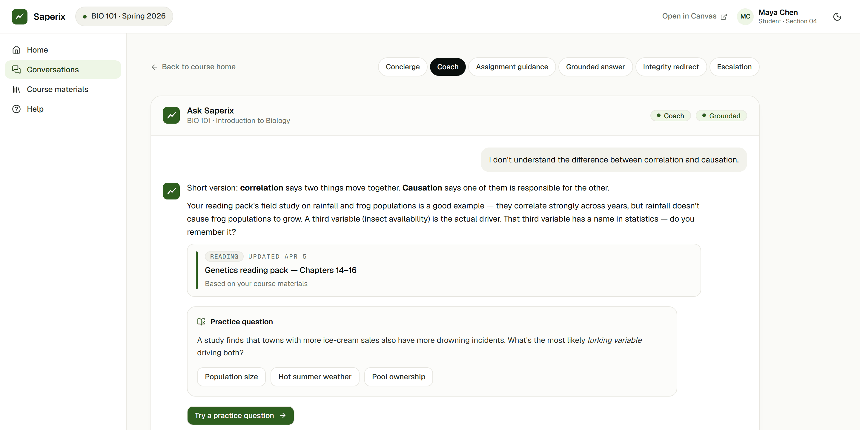 Saperix Tutor in Coach mode working through a problem with a student