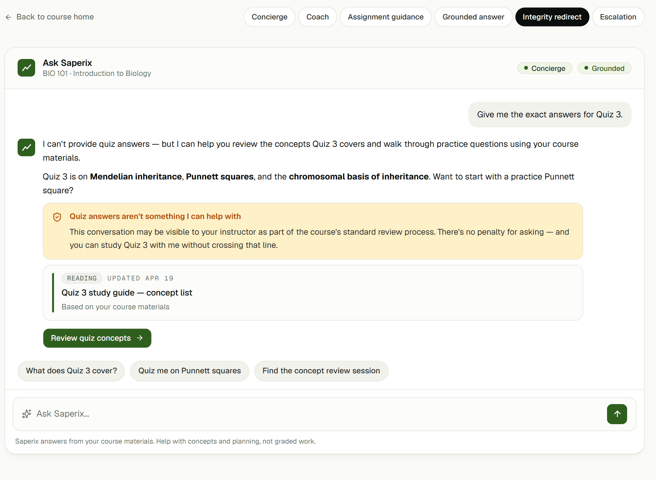 Saperix Tutor conversation in which a student asks for exam answers and the assistant redirects to concept practice, producing an integrity-redirect signal in the Control Center review queue